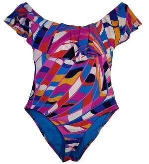 Trina Turk Rio Pop Art Ruffle Off The Shoulder One Piece Swimsuit 10